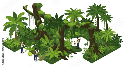 Lush isometric jungle adventure with explorers and tropical plants