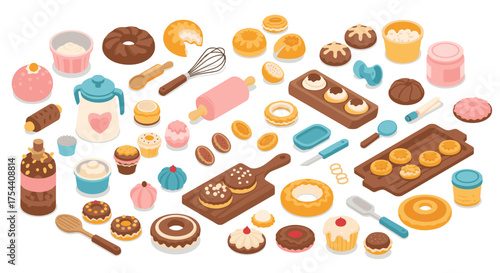 Colorful assortment of isometric baking tools and pastries for culinary enthusiasts