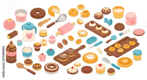 Obraz Colorful assortment of isometric baking tools and pastries for culinary enthusiasts