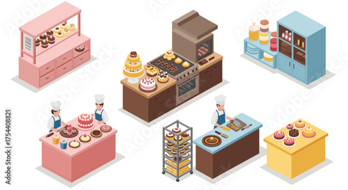 Isometric bakery kitchen with chefs and pastries in vibrant colors