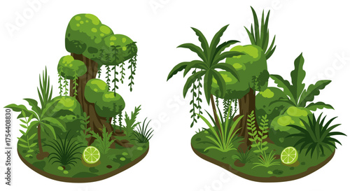 Lush tropical jungle scene with greenery and trees