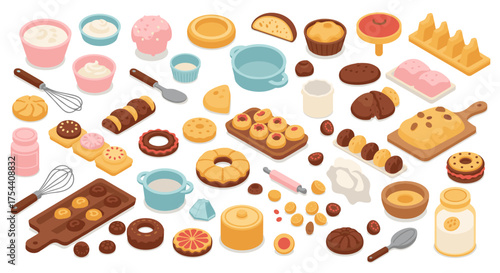 Isometric baking elements: diverse pastries, tools, and ingredients