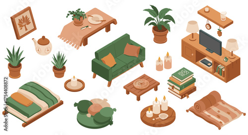 Cozy isometric living room elements for interior design projects