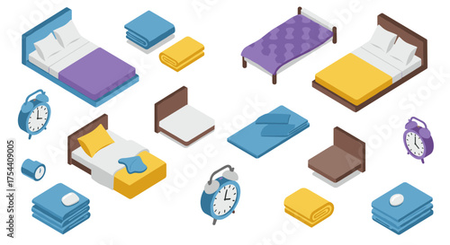 Isometric bedroom essentials with beds, clocks, and linens in vibrant colors