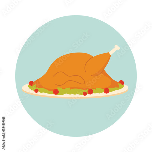 Roasted turkey on platter with garnish in a round isolated icon for holiday meals vector illustration