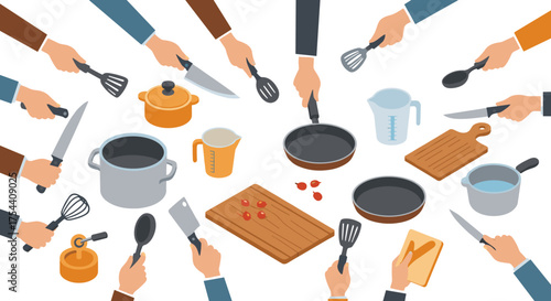 Kitchen tools and hands in flat style design with cooking utensils
