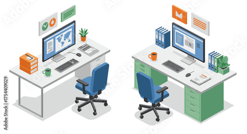 Modern office desks with computers and chairs in isometric style