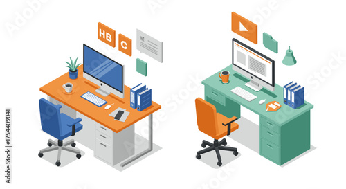 Isometric modern office desks with computer and accessories in stylish workspace