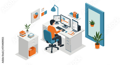 Modern isometric workspace with computer and office supplies in a home office setting