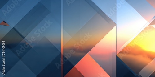 Abstract geometric glass panels reflecting colorful vibrant sunset sky.