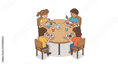 Children dining around a round table in a cartoon style