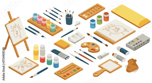 Isometric art supplies collection with easel, brushes, and paints for creative projects