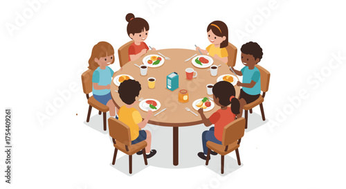Diverse kids enjoy a meal together at a round table in a flat style