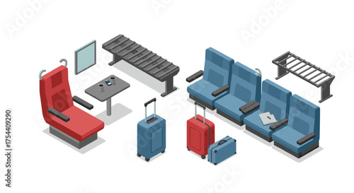 Isometric airport lounge design with seating, luggage, and accessories