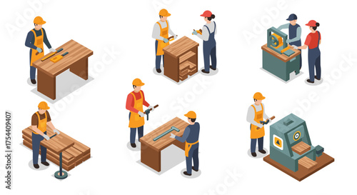 Isometric workshop scene: skilled workers using woodworking machines and tools