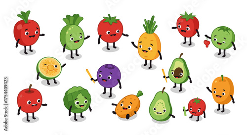 Cute cartoon fruits and vegetables with faces and arms in a playful pattern