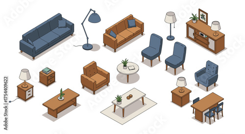Isometric living room furniture set with modern sofas and decorative elements