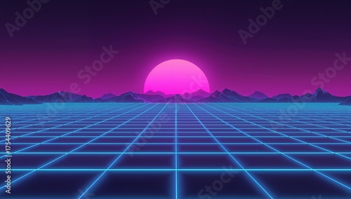 Glowing neon sun sinking behind stylized mountains in retro virtual scene, glowing cyan grid floor