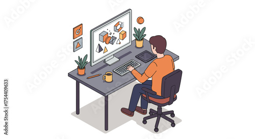 Designer working on creative projects at desk with isometric digital tools and geometric shapes