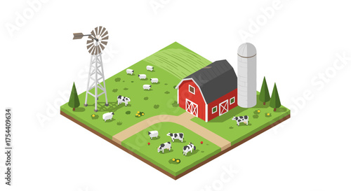 Isometric farm scene with cows, barn, and windmill on a sunny day