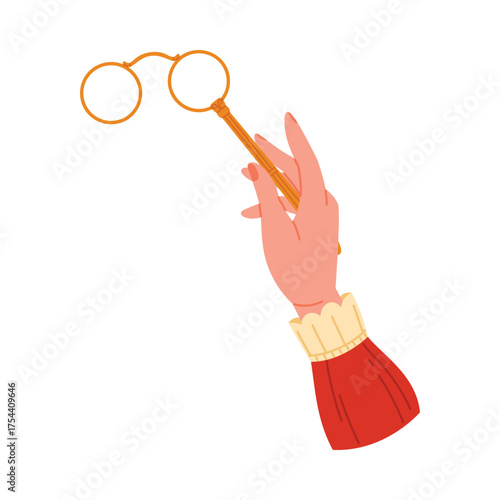 Elegant isolated Victorian female hand in red sleeve holding vintage lorgnette glasses vector illustration