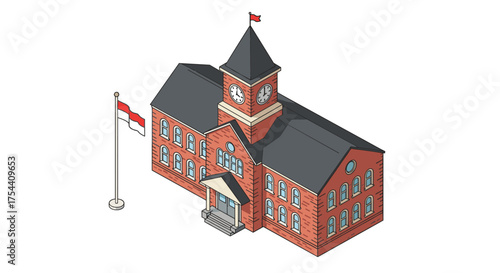 Classic red brick school building with clock tower in isometric view