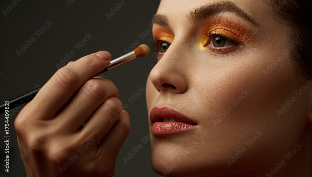 Obraz premium Artist hand applying gold-orange eyeshadow under eye in studio with brush, copy space