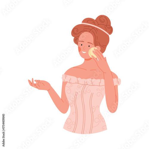 Elegant Victorian woman in classic dress applying face powder, isolated on white background vector illustration