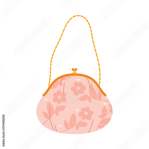 Elegant vintage Victorian style floral purse with gold chain isolated on white vector illustration