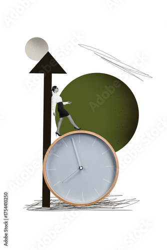 Vertical photo collage of happy businesswoman walk huge dial clock arrow success deadline career growth isolated on painted background