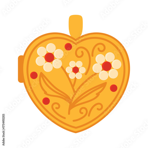 Isolated vintage heart locket with ornate floral pattern inspired by Victorian era vector illustration
