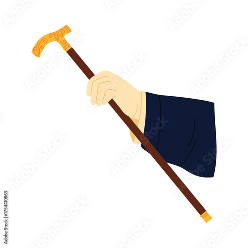 Isolated victorian male hand in suit holding decorative walking cane on white background vector illustration