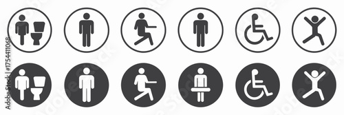 Collection of circular pictograms featuring men women disabled and recreational activity silhouettes vector silhouette vector illustration white background