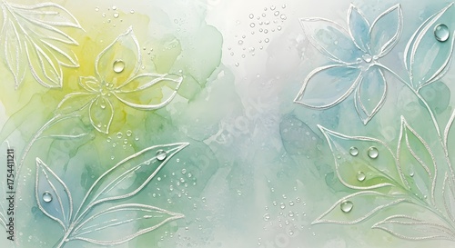 Delicate floral outlines with dew drops on a watercolor background