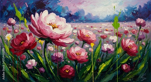 Impressionist oil painting of a vibrant field of blooming peonies