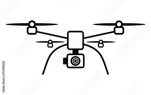 A quadcopter drone illustration with four propellers and camera vector graphic scalable eps icon silhouette vector illustration white background