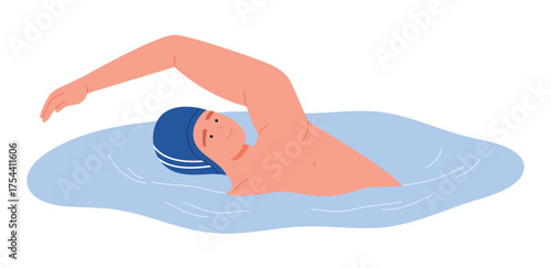 Athlete wearing cap performing freestyle stroke in water on isolated white background vector illustration