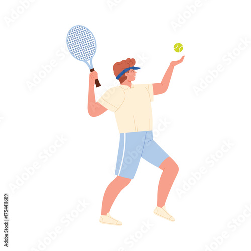 Young man in sportswear serving tennis ball isolated on white background vector illustration