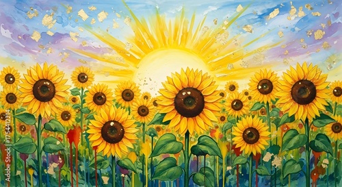 Field of sunflowers under a bright, radiant sun at sunrise