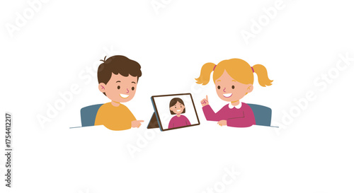Cheerful kids video chatting with family on a tablet device, connecting with loved ones, modern childhood, communication, distance learning, sharing moments, happy children