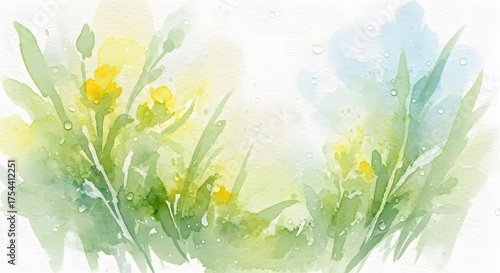 Watercolor painting of green foliage and yellow flowers in a meadow