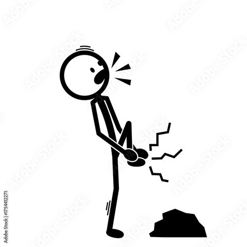 Stickman stumbling on stone feeling foot pain illustration.
