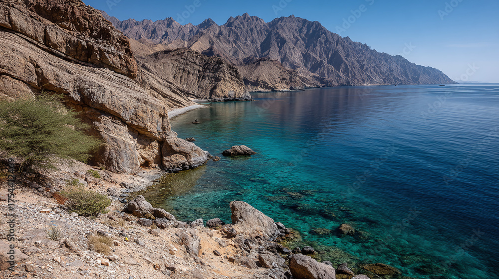 Obraz premium Coastal Mountains: Dramatic cliffs meet clear turquoise waters. Rugged beauty and tranquility in this serene coastal landscape.