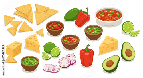 Isometric mexican salsa and snack ingredients for tasty dishes