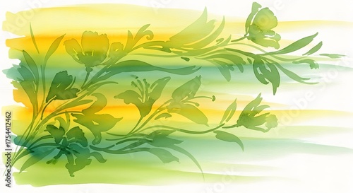 Green floral branch with yellow and white watercolor wash