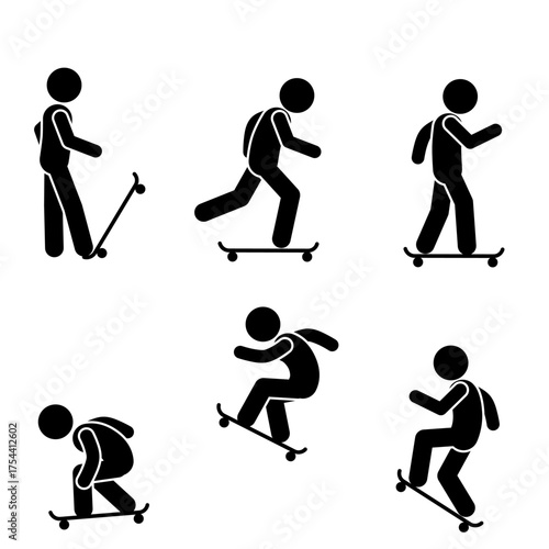 Stickman riding skateboard doing street activity illustration.