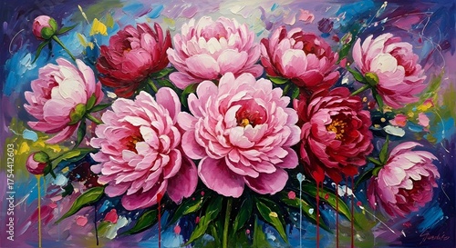 Vibrant oil painting of a lush bouquet of pink peonies
