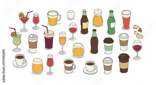Collection of various drinks in modern cartoon style