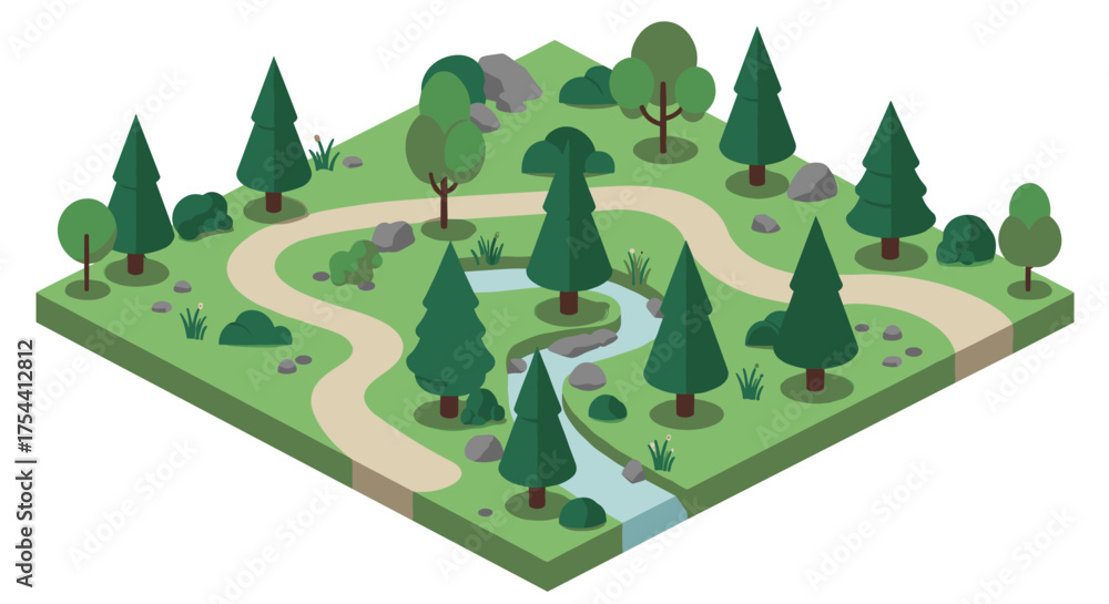 Obraz premium Isometric forest park with pathways and stream in flat design