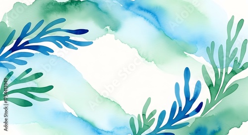 Abstract watercolor background with blue and green seaweed